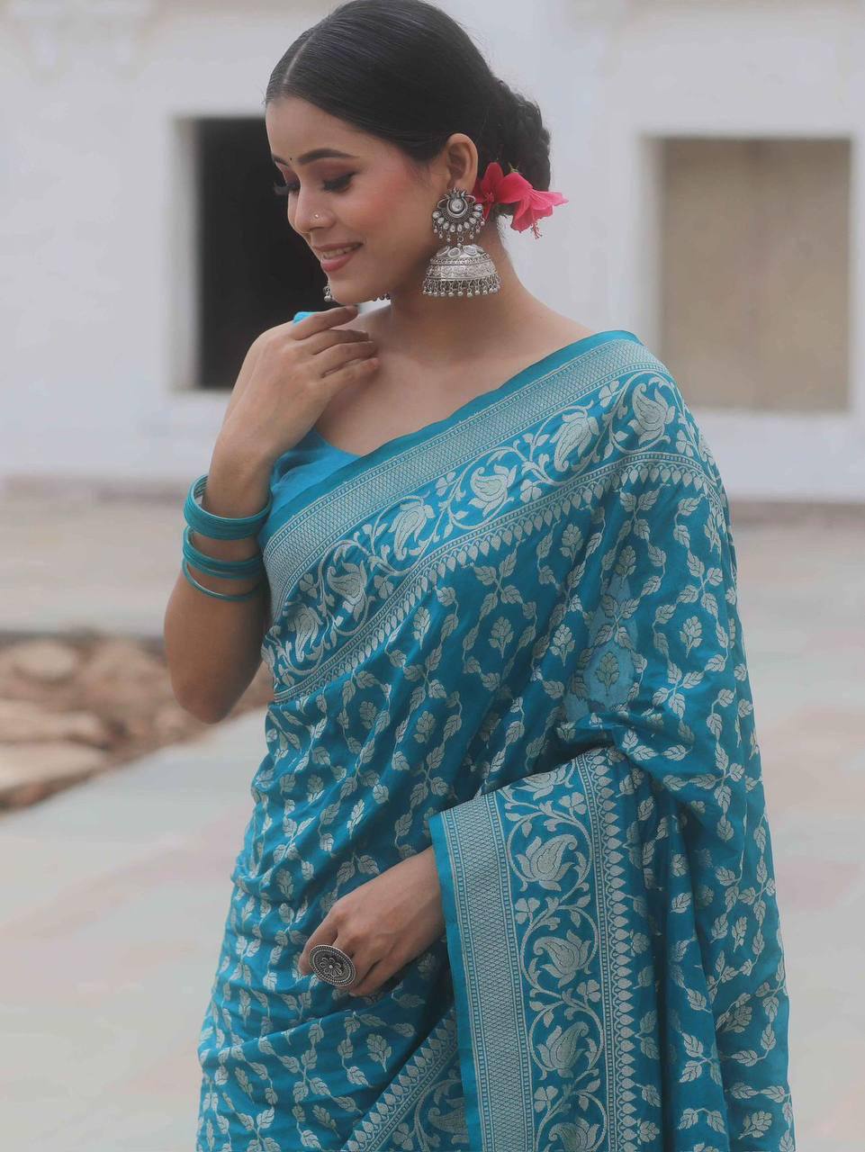 Banarasi Silk Saree in Turquoise Blue with Silver Zari Weaving